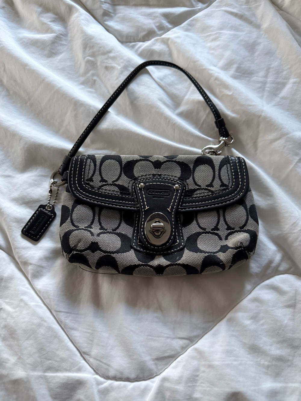 Coach Black & Gray Signature Canvas Wristlet with Turnlock